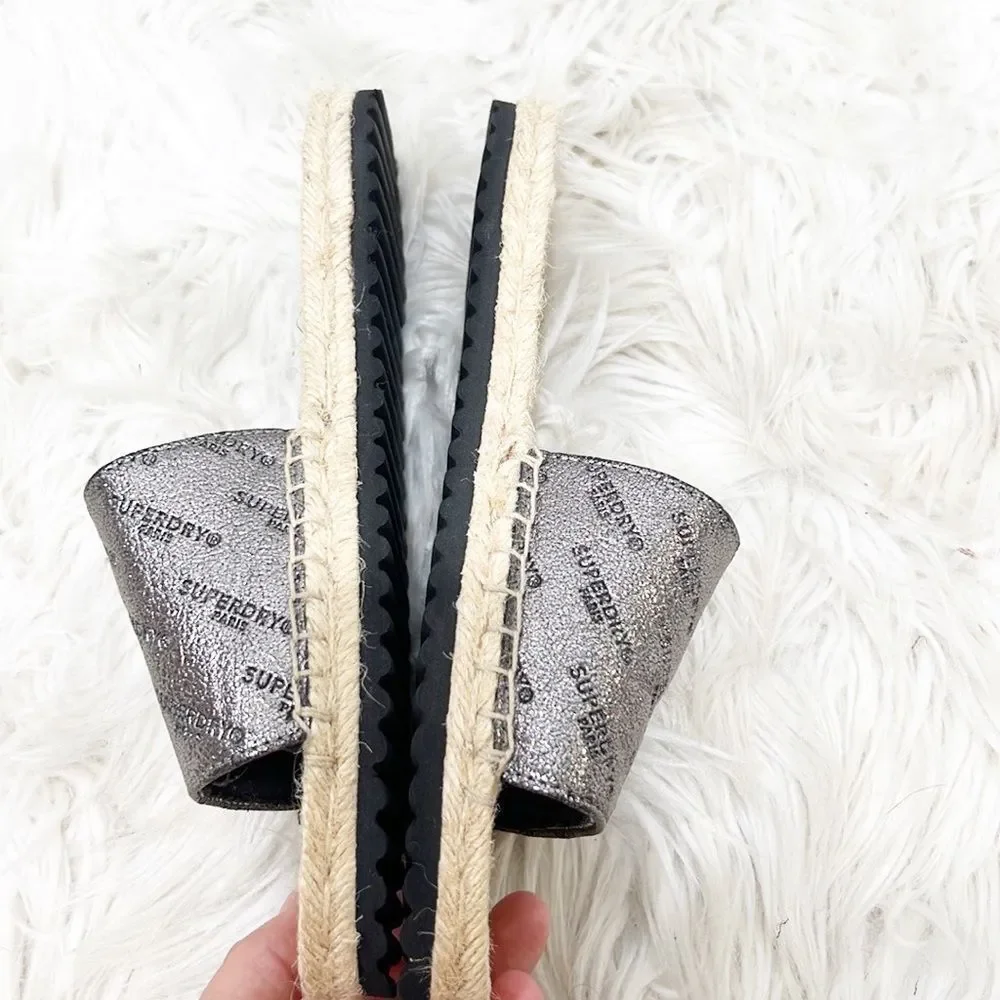 Superdry Maya Metallic Silver Logo Espadrille Slides size 6